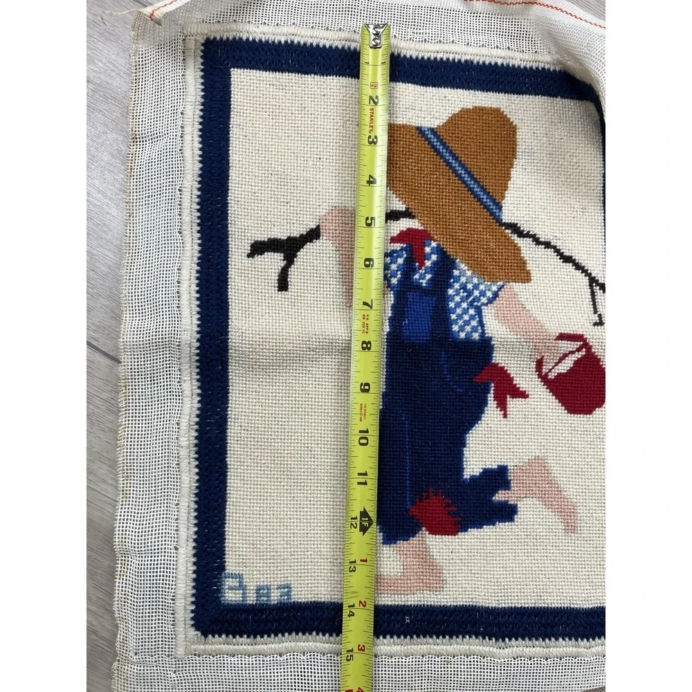 Vintage Completed Needlepoint Canvas Boy With Hat Gone Fishing 11.5